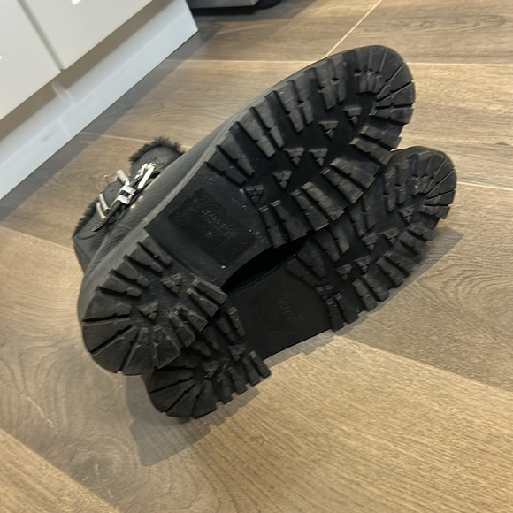 Zara Leather Biker Ankle Boot Black Moto Buckle Chunky Fur Lined Size 9 - Picture 10 of 16